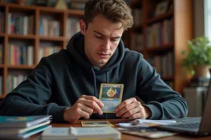 Collectionneur examinant une carte Pokémon holographique rare à la loupe, assis à un bureau encombré de classeurs et protège-cartes