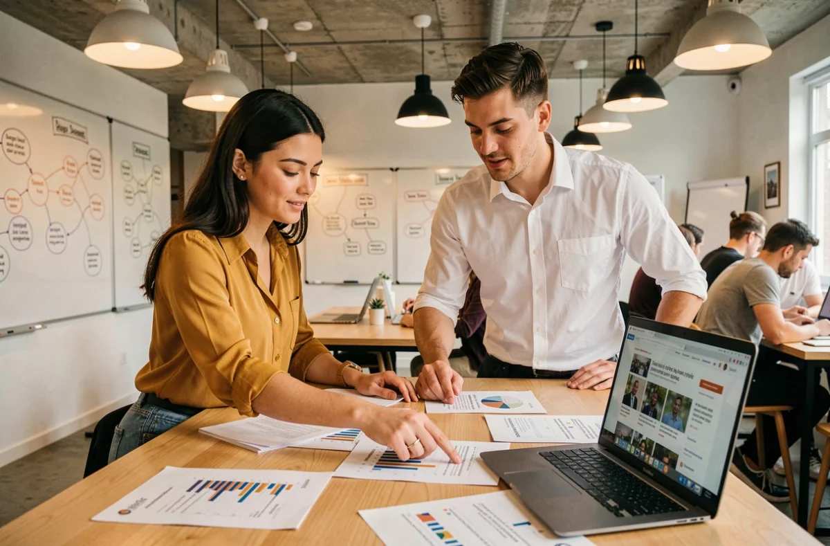 Deux collègues analysant des tendances et actualités sur un blog lors d'une session de travail collaboratif