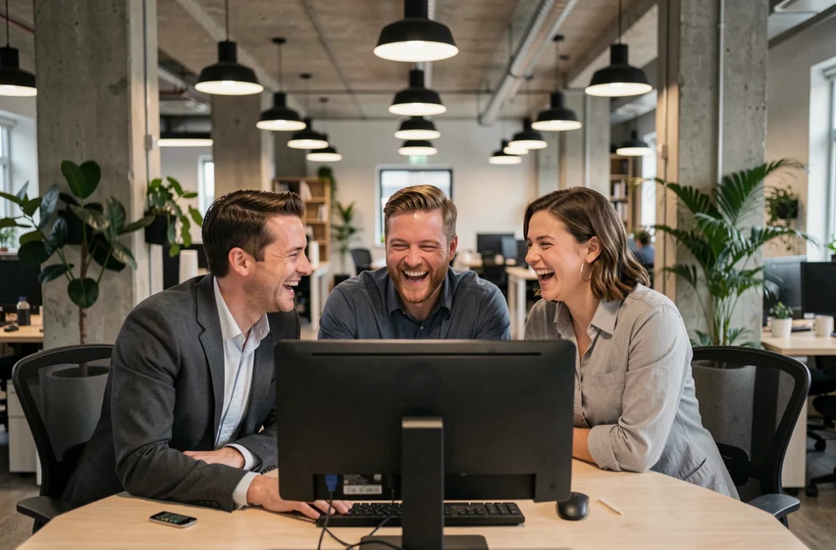 Groupe de collègues riant ensemble devant un écran d'ordinateur dans un bureau moderne, illustrant le partage d'un contenu d'actualité amusant comme Koi de neuf