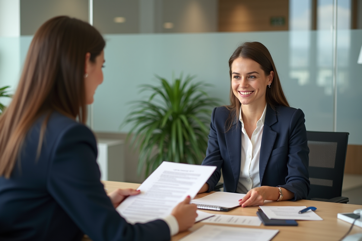 Conseillère bancaire remettant des documents de prêt à un jeune couple