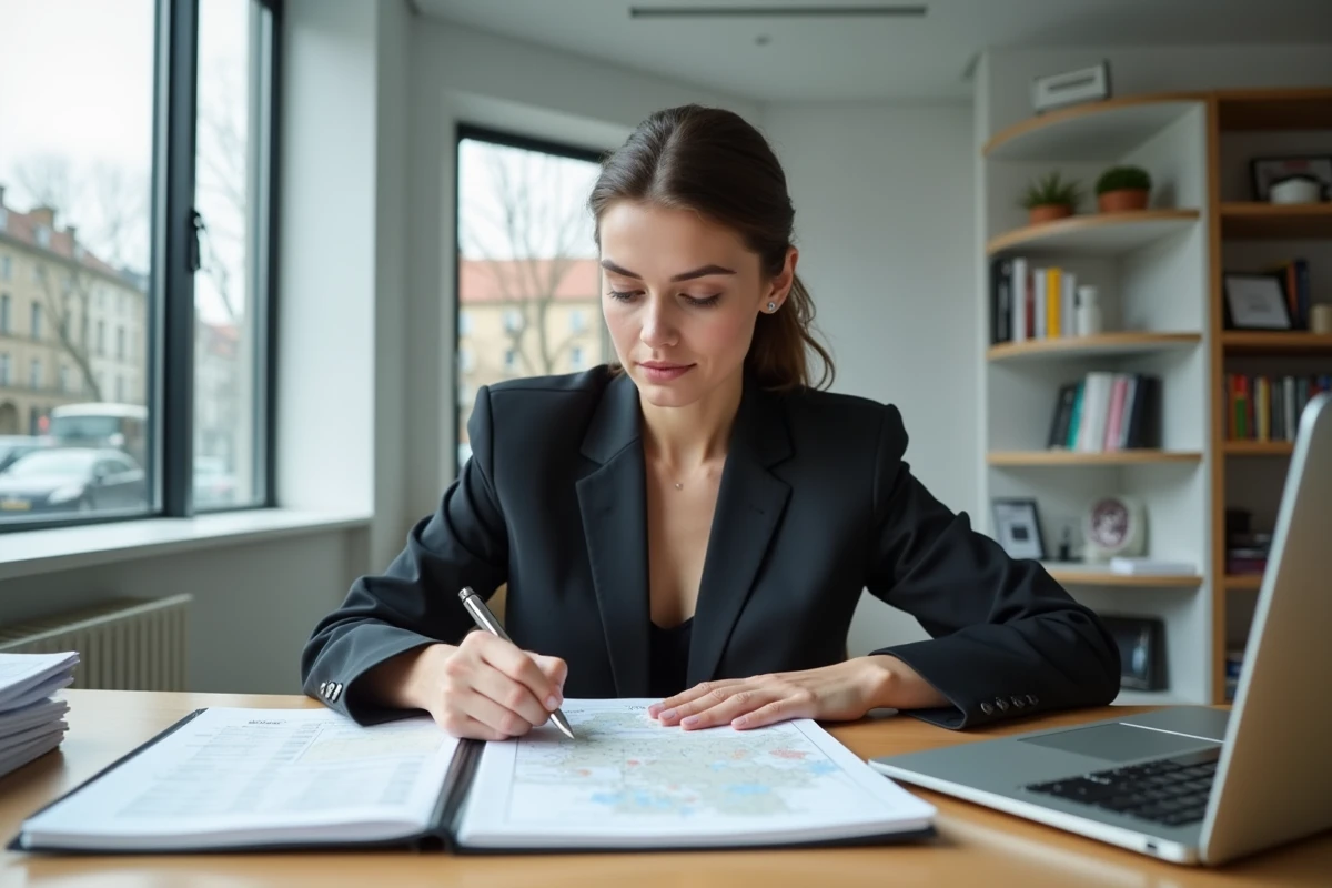 Femme consultante immobilière analysant un document de conversion de superficie en hectares et mètres carrés