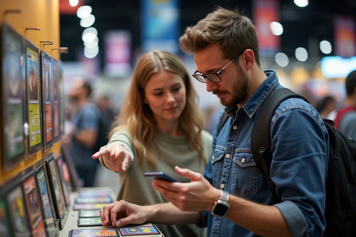 Deux collectionneurs adultes en convention évaluant une carte Pokémon rare exposée dans un étui acrylique sur un stand de vente