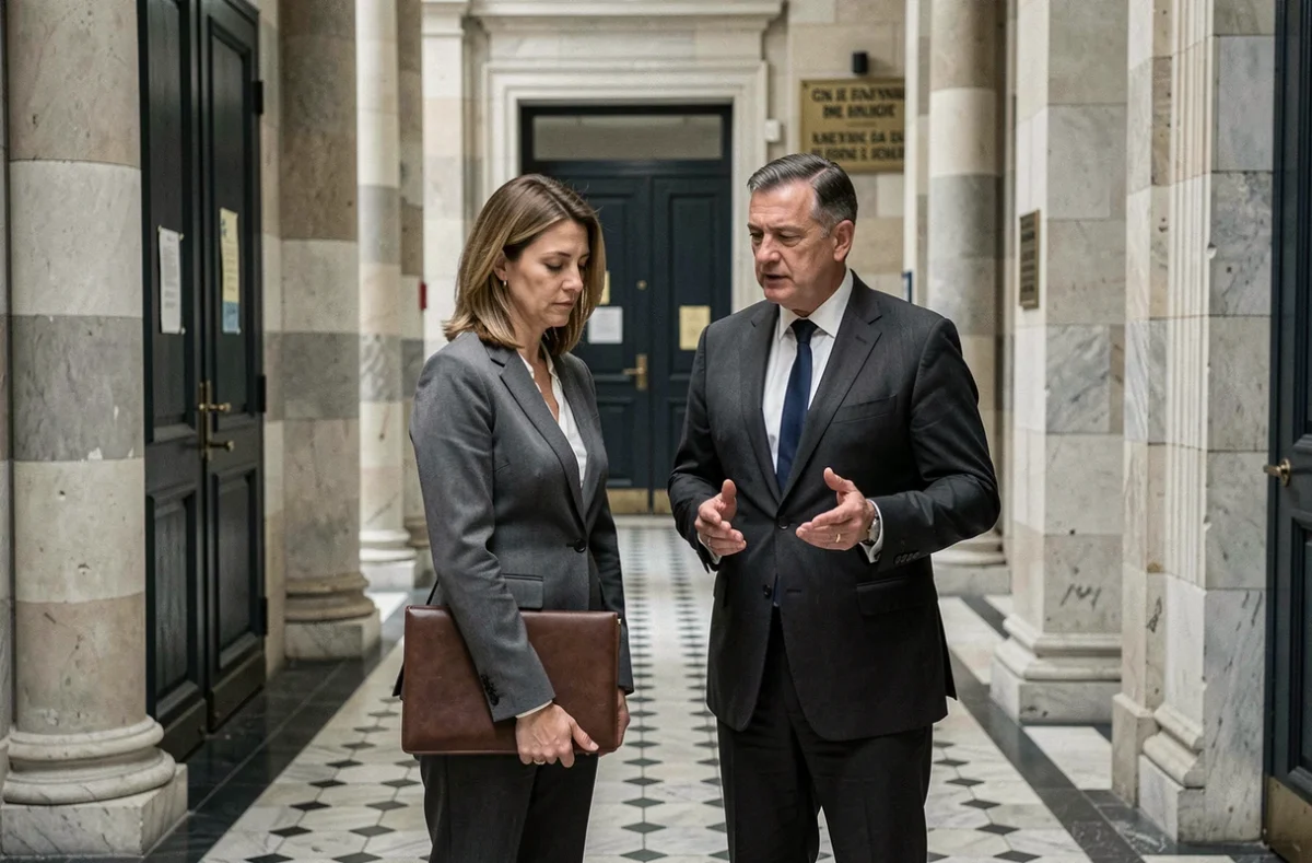 Un avocat et son client dans le couloir d'un palais de justice après une décision judiciaire, illustrant les suites d'un débouté ou d'un rejet