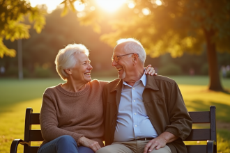 Couple âgé souriant sur un banc lors de l'heure dorée