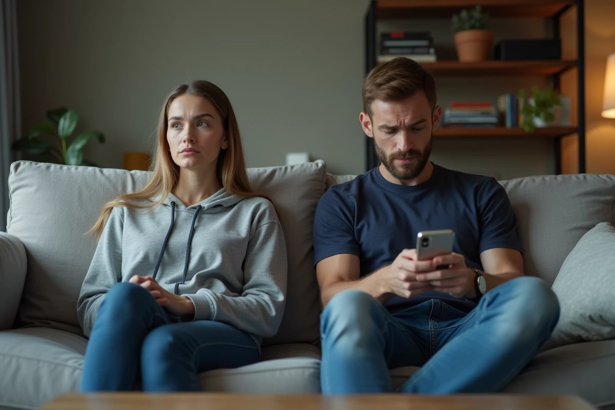 Couple assis à distance sur un canapé, tension émotionnelle et questionnement sur la relation amoureuse