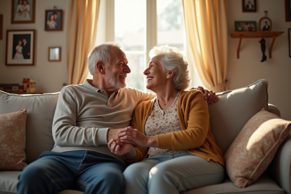 Couple de seniors souriant dans un salon chaleureux