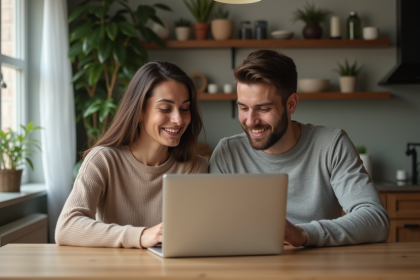 Couple discutant de prêt immobilier dans un appartement moderne