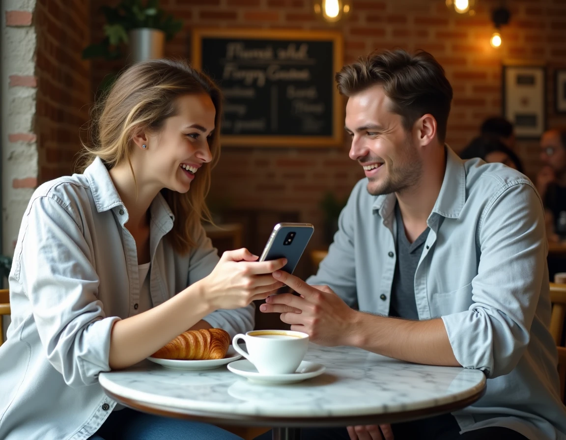 Deux jeunes adultes débattant de l'écriture inclusive et du mot parentses sur un téléphone dans un café parisien