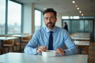 Homme d age moyen en chemise bleue ouvre un repas au bureau