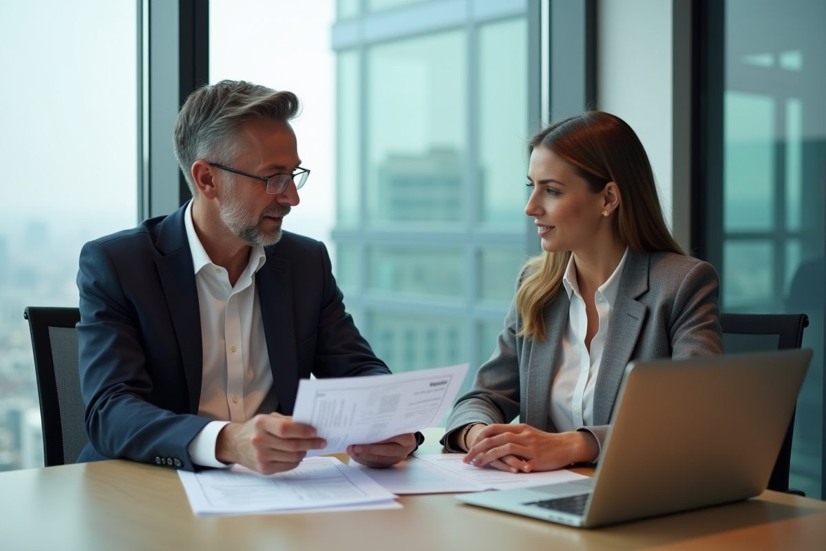 Deux professionnels discutant de documents dans une salle de réunion