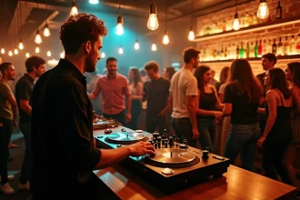 DJ en action dans un cocktail bar festif à Lille avec une foule animée et une décoration tendance