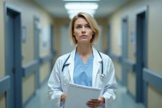 Médecin femme en blouse blanche dans un couloir d'hôpital tenant un dossier médical, expression pensive évoquant une relation complexe entre collègues