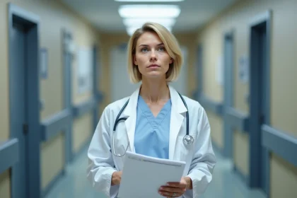 Médecin femme en blouse blanche dans un couloir d'hôpital tenant un dossier médical, expression pensive évoquant une relation complexe entre collègues