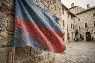 Drapeau bleu et rouge accroché sur un mur en pierre d'une place historique européenne