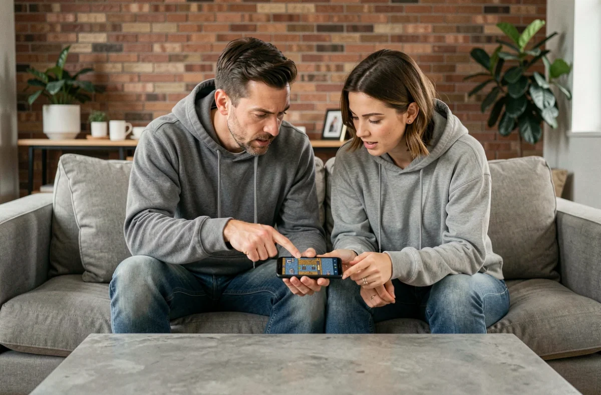 Deux adultes collaborant sur un smartphone pour résoudre des énigmes d'un jeu d'escape room en partageant des astuces