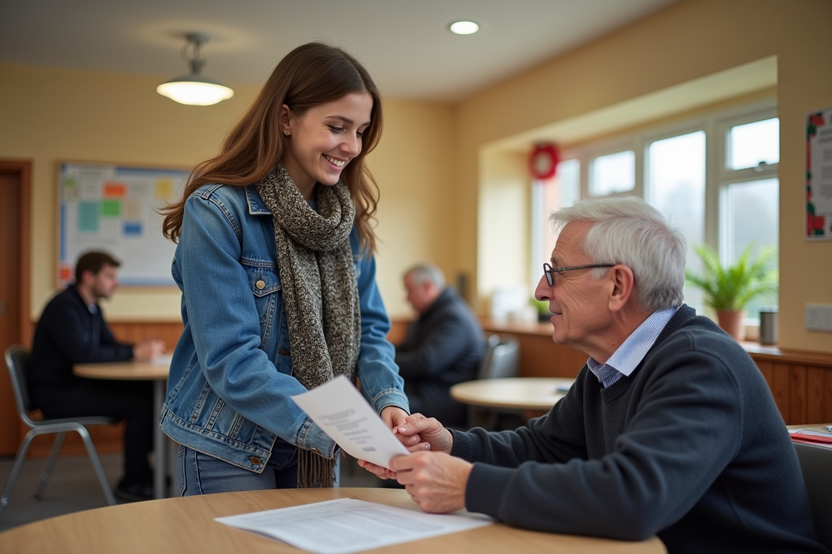 Jeune femme donnant une brochure à un homme âgé