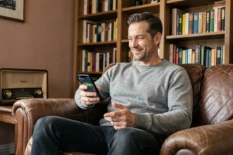 Homme écoutant Les Grosses Têtes en podcast sur son smartphone dans un salon chaleureux avec radio vintage