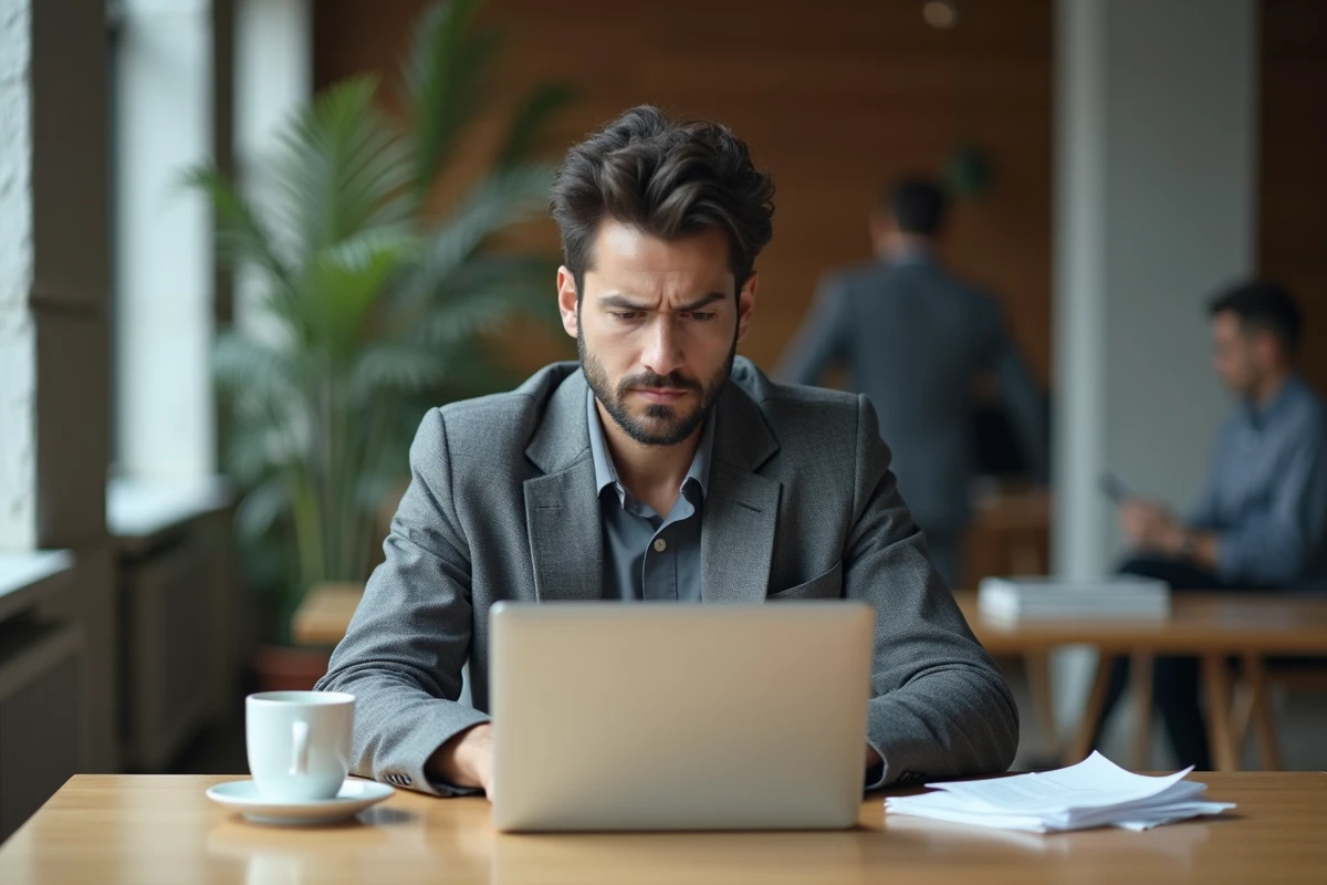 Employé pensif face à son ordinateur portable dans un espace de travail moderne après annonce de licenciement