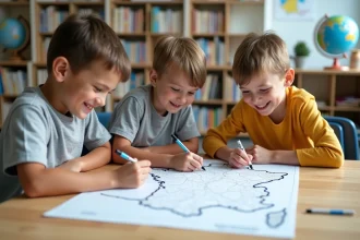 Trois enfants autour d'une carte de France à l'école