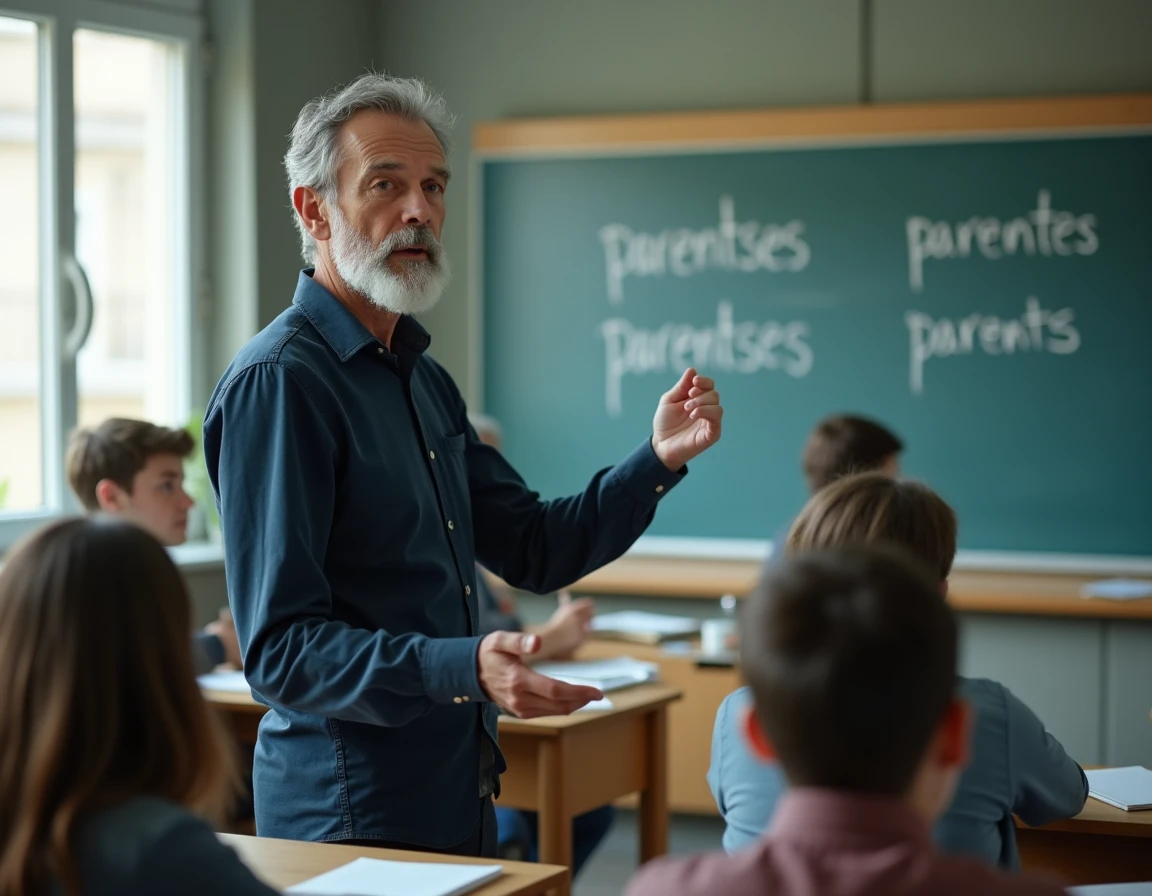 Enseignant devant un tableau avec les mots parentses et parents comparés, dans une salle de classe universitaire
