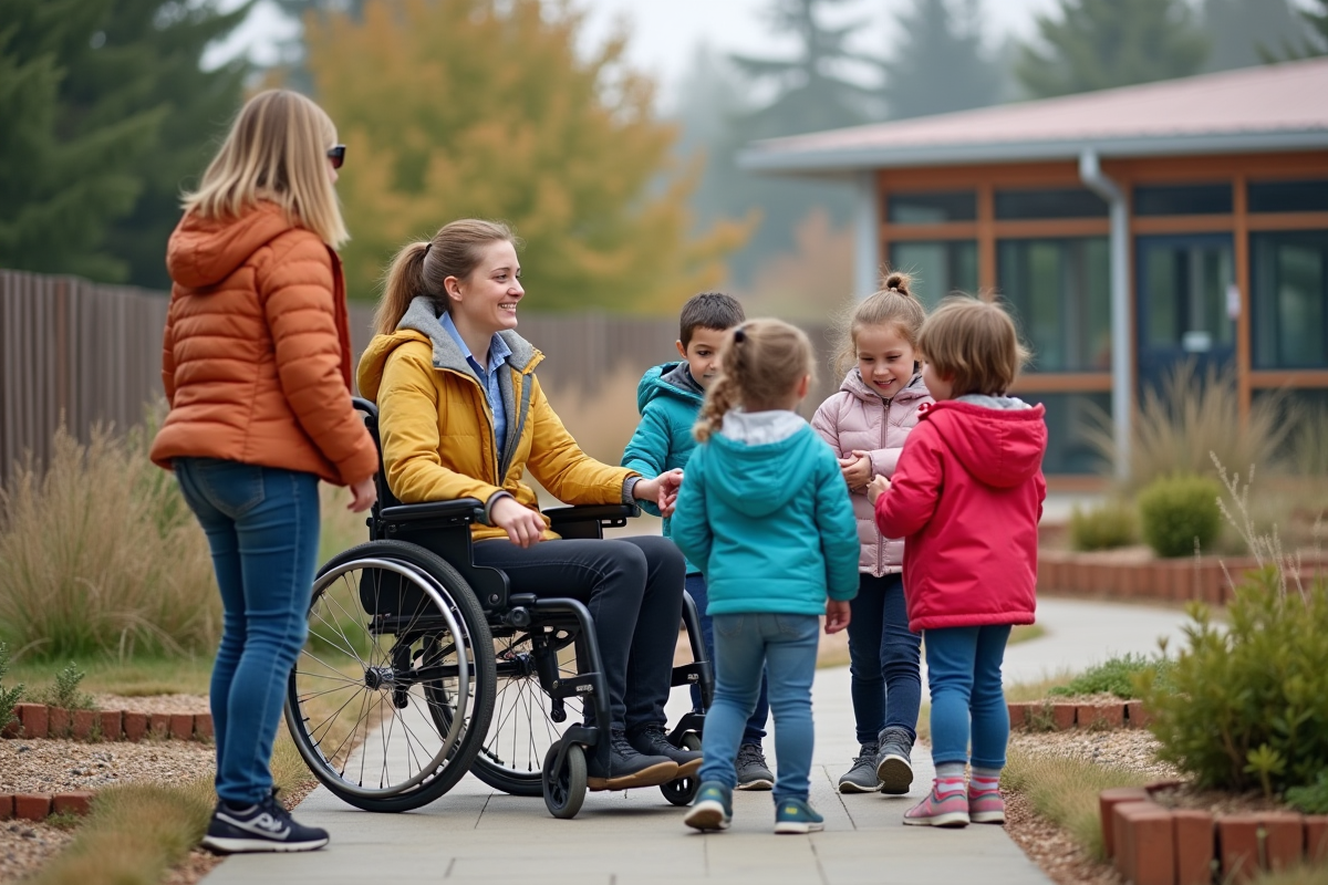 Enseignante en fauteuil guidant enfants dans le jardin scolaire