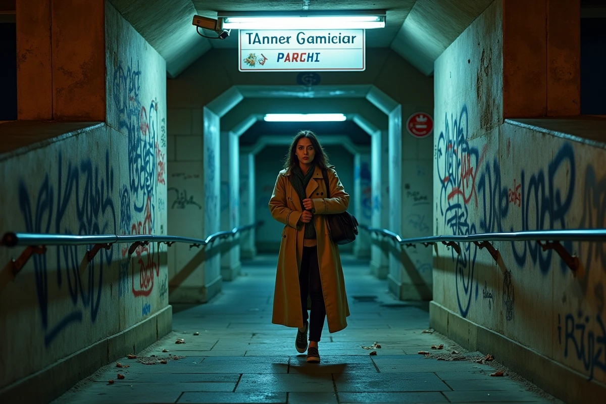 Entrée de station de métro à Marseille la nuit, femme méfiante dans un environnement urbain dégradé, sécurité et vigilance dans les transports en commun