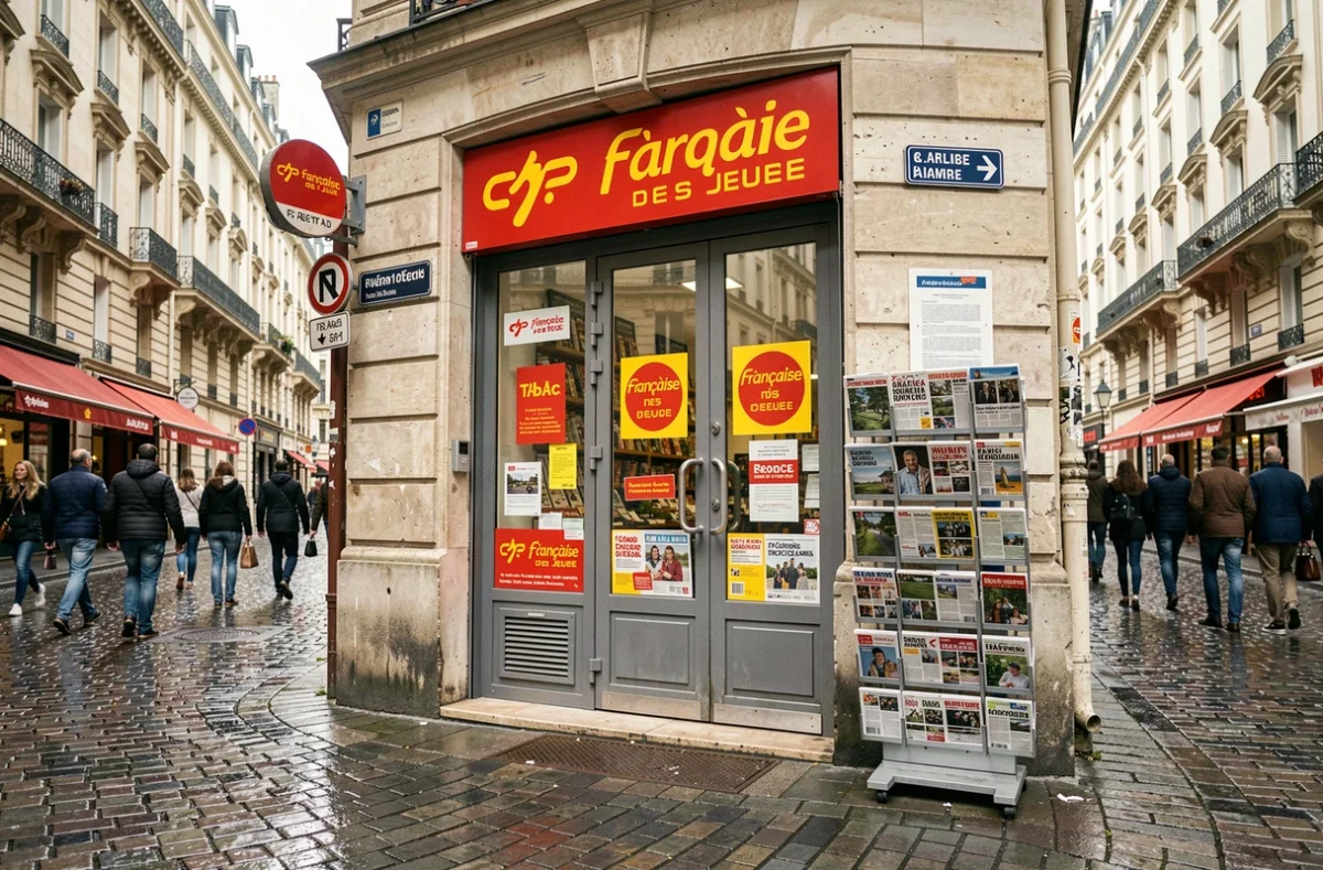 Entrée d'un bureau de tabac en centre-ville avec affichage presse et logo FDJ sur vitrine