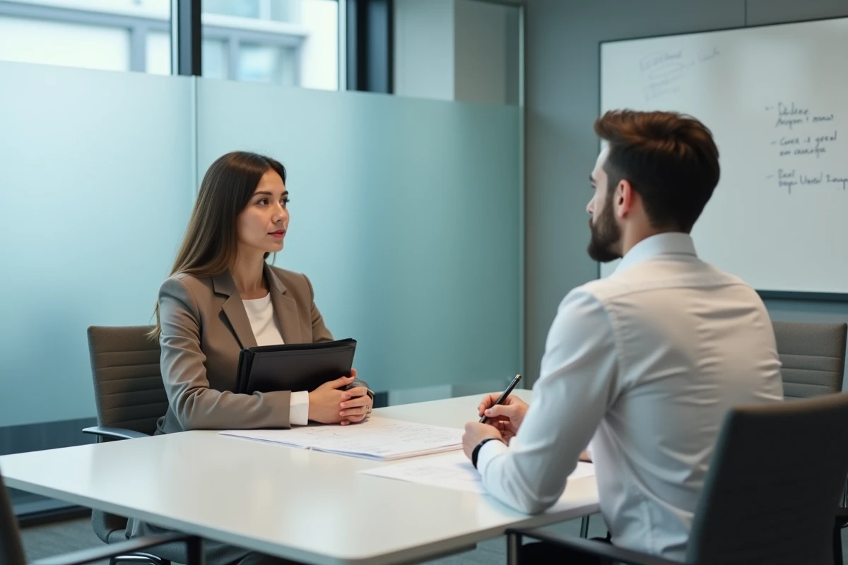 Entretien de recrutement dans la fonction publique catégorie C entre une candidate et un responsable RH dans une salle administrative
