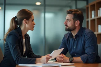 Responsable RH discutant d'un licenciement économique avec une employée dans un bureau d'entreprise moderne