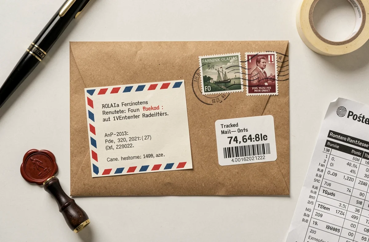 Vue à plat d'une enveloppe avec étiquette d'adresse, timbres postaux et sticker de suivi sur fond blanc
