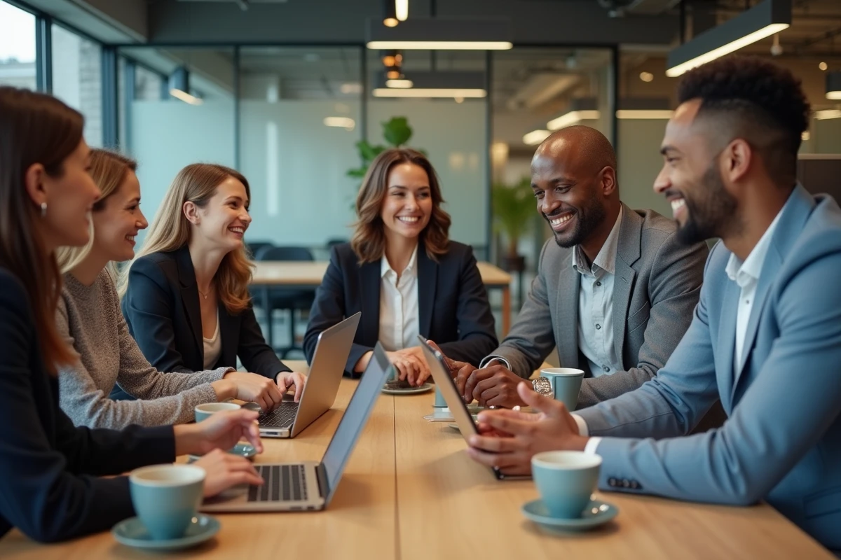 Groupe de collègues souriants dans un bureau moderne