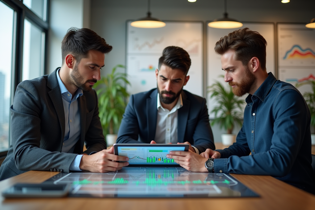 Groupe de trois développeurs fintech discutant d