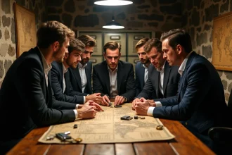 Équipe de professionnels en train de résoudre des énigmes dans une salle d'escape game à Lyon lors d'un team building d'entreprise