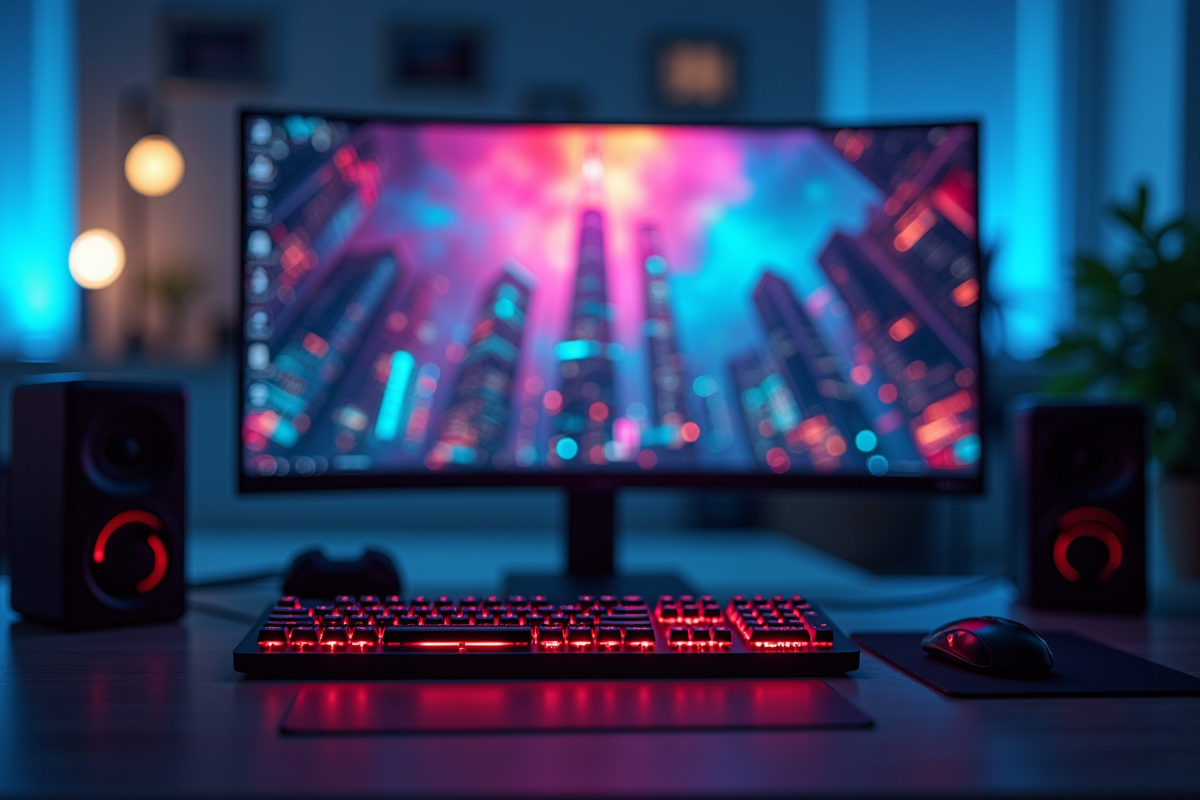 Espace de jeu avec écran coloré et clavier lumineux