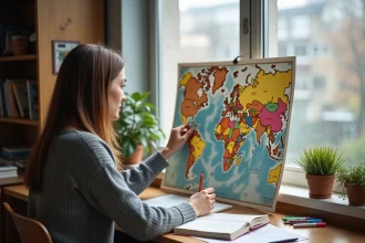 Jeune femme étudiant une carte du monde et prenant des notes mnémotechniques sur les plus grands pays