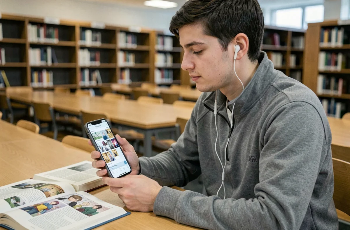 Étudiant recherchant des chapitres de scan One Piece VF sur son smartphone dans une bibliothèque universitaire