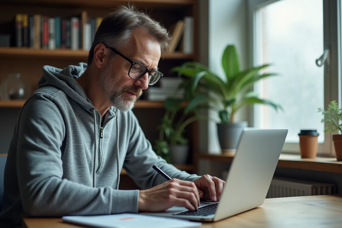 Exposant recherchant des braderies en ligne sur son ordinateur portable depuis son bureau à domicile pour planifier ses ventes