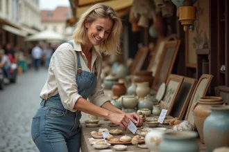 Exposante organisant son stand de braderie avec des objets vintage et des étiquettes de prix sur une table pliante en plein air