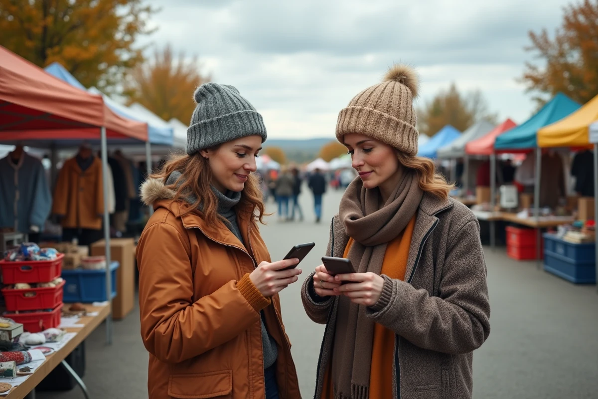 Deux exposantes consultant une application de braderies sur smartphone pour optimiser leur sélection de marchés et remplir leur stand