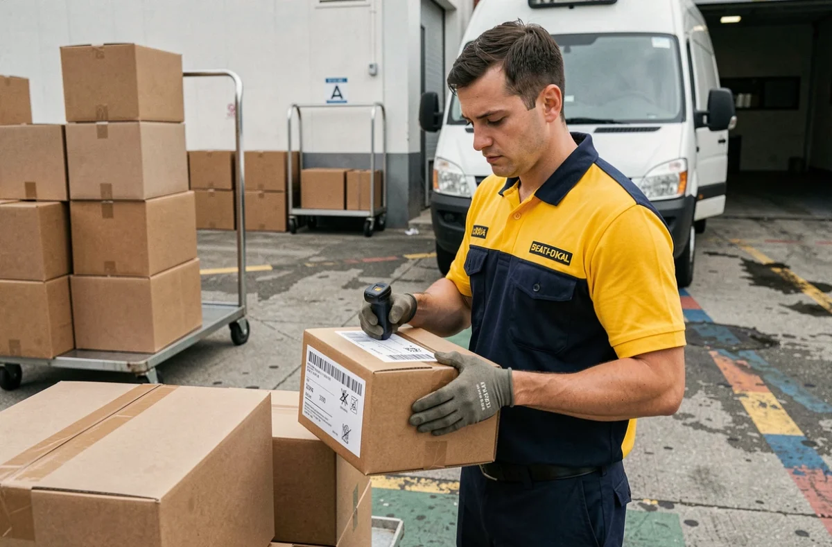 Facteur scannant le code-barres d'un colis suivi avec un terminal portable devant un camion de livraison