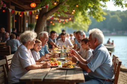 Famille multigenerational à la guinguette au bord de la rivière