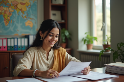 Femme indienne en bureau gouvernemental examine des papiers d'adoption