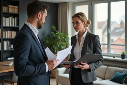 Femme d affaires discutant de documents dans un appartement parisien