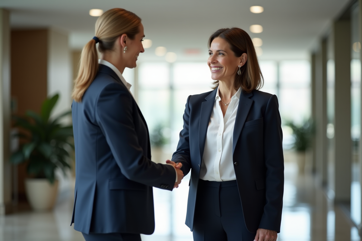 Femme d affaires en costume serré serre la main d un collègue dans un bureau moderne