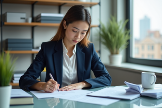 Femme d affaires signant des contrats dans un bureau moderne