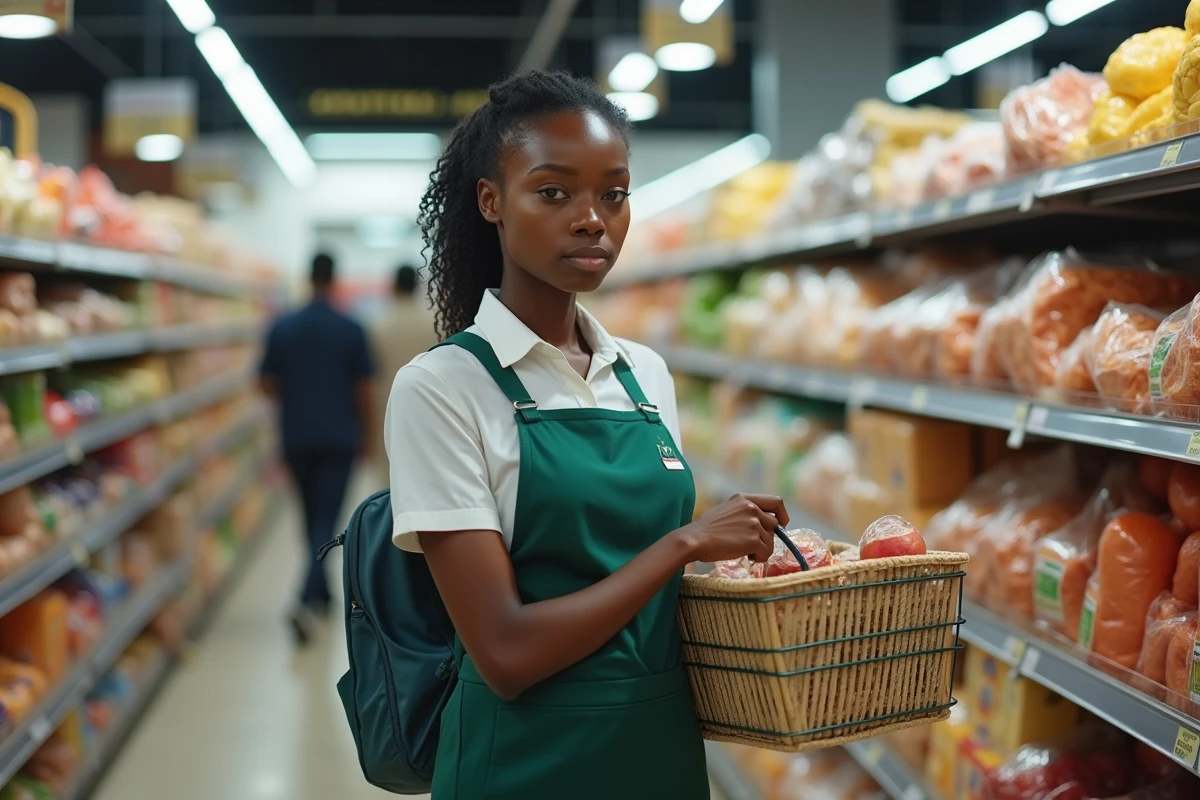 Jeune femme africaine choisissant des produits en supermarche