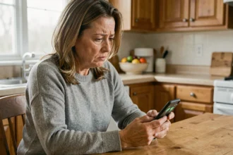 Femme d'âge mûr regardant avec méfiance un numéro suspect en 02 70 sur son smartphone dans une cuisine