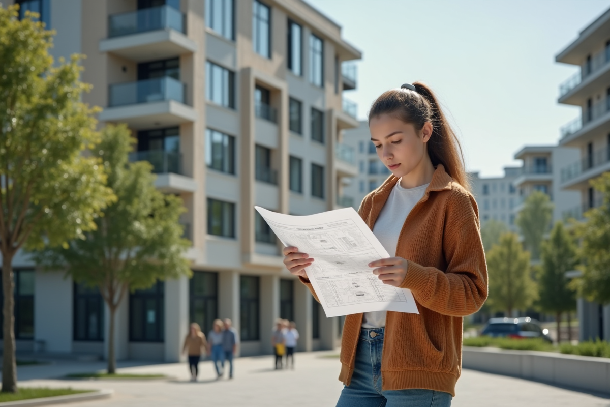 Jeune femme regardant les plans devant un bâtiment écologique