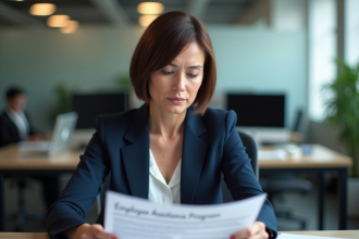 Femme d'âge moyen avec flyer assistance employé