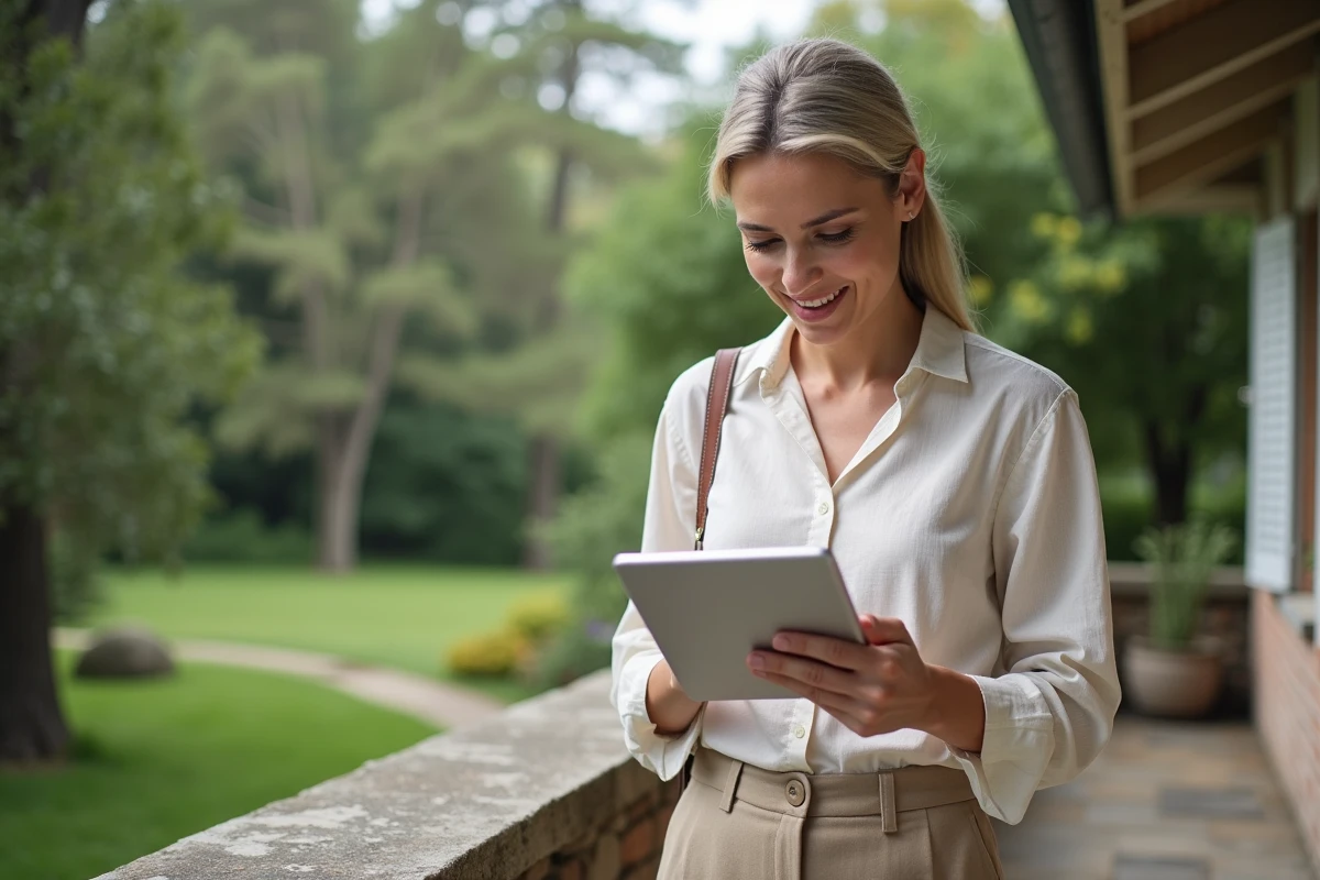 Femme dans un jardin avec une tablette en main